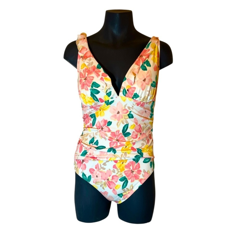 Time and Tru Pink Yellow Floral One Piece Bathing Suit